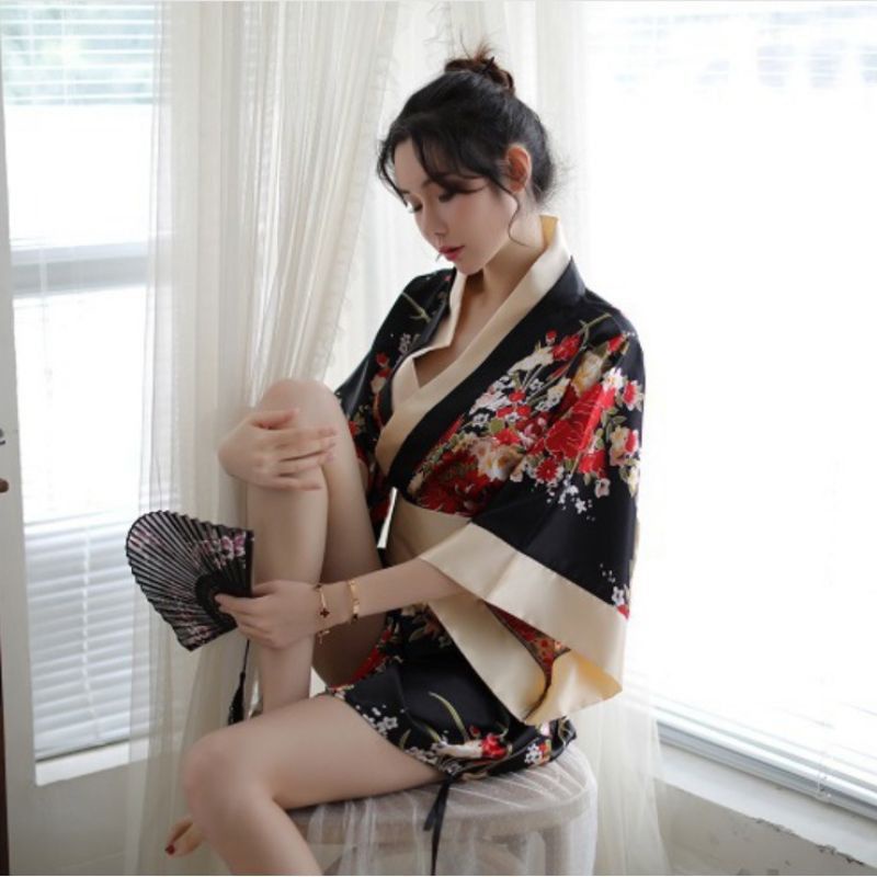 Áo choàng ngủ hóa trang kimono - cosplay sexy phong cách geisa Nhật Bản màu đen