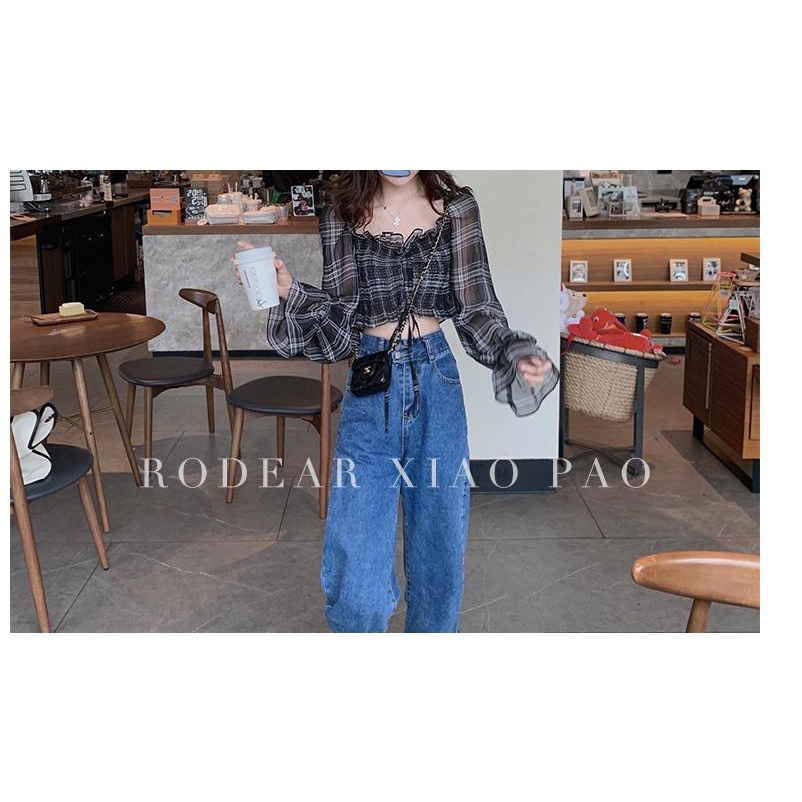 Áo Voan Cổ Vuông Họa Tiết Sọc Caro Thiết Kế Mới Ngọt Ngào Thời Trang Cho Nữ