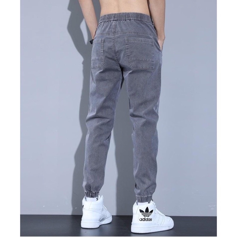 Quần jogger jean bò chun gấu 2 màu xanh xám basic phong cách Hàn Quốc đủ size nam 28-32
