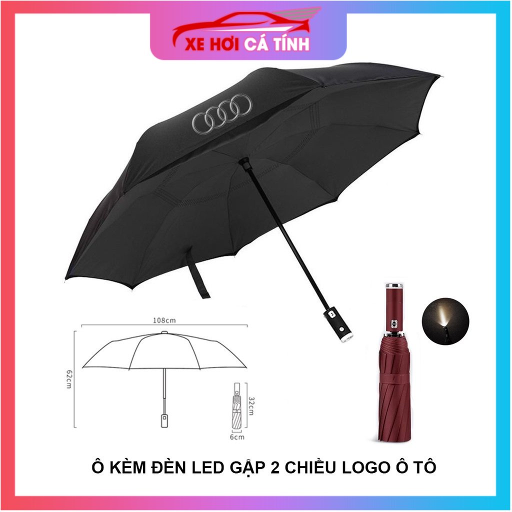 Ô dù thời trang tự động 2 chiều một nút bấm chống tia UV có đèn LED xoay 10 nan logo xe hơi cao cấp nhỏ gọn