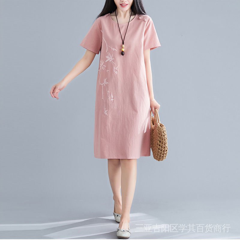 Đầm Cotton Lanh Dáng Chữ A Dáng Rộng Thêu Họa Tiết Phong Cách Dân Tộc Thời Trang Mùa Hè 2020 Cho Nữ