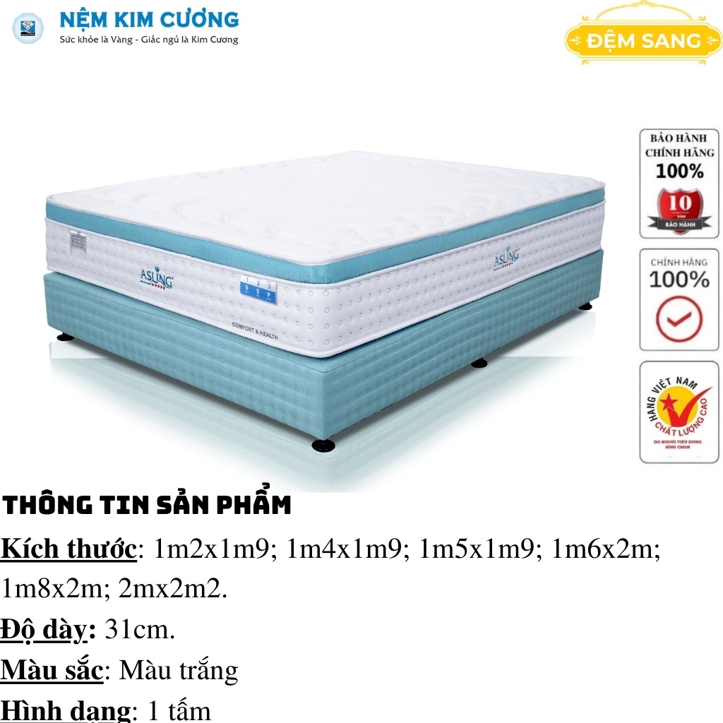 Nệm lò xo cao cấp ASLING 5 sao chính hãng đệm KIM CƯƠNG túi độc lập chuẩn khách sạn giá rẻ bảo hành 10 năm LX105