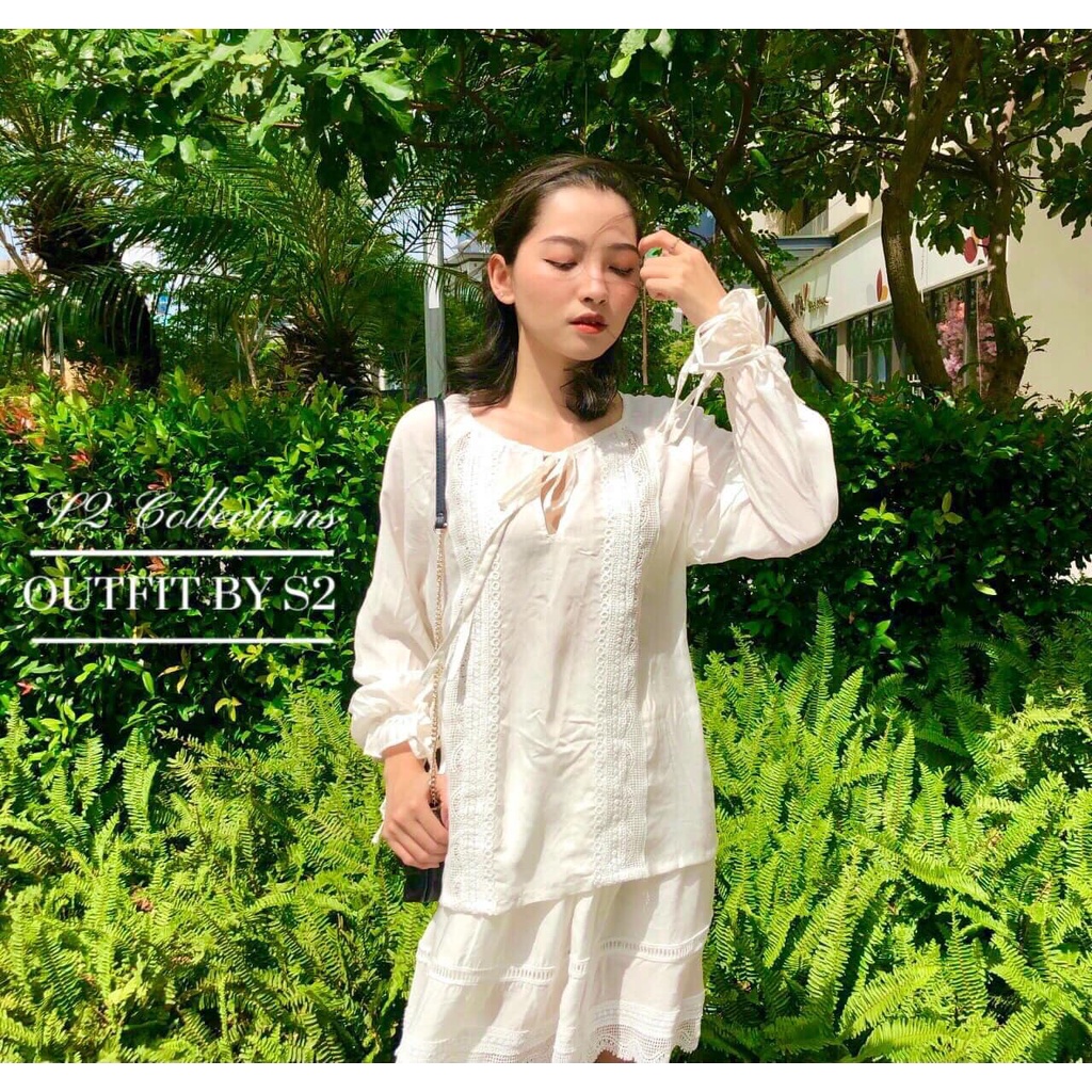 Set linen màu trắng kem đi biển của S2 Collections