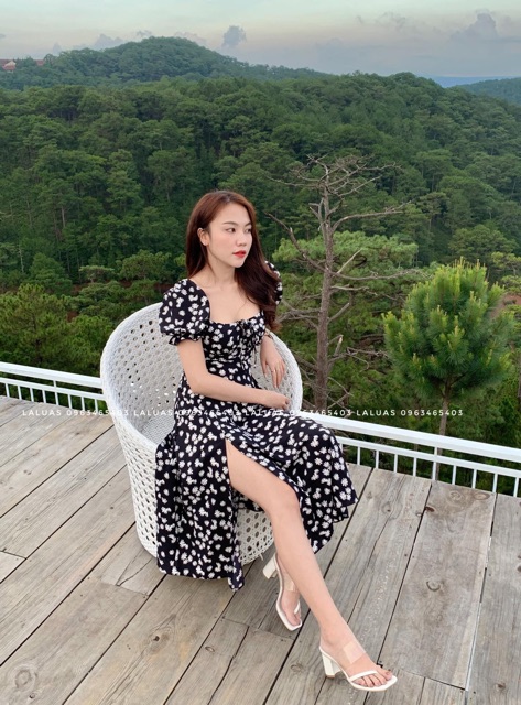 [Có ảnh thật]Đầm hoa cúc xẻ tà lụa loại 1 Laluas