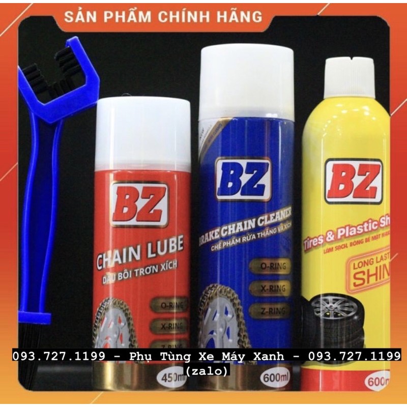 Bộ vệ sinh sên BZ gồm Bôi trơn dưỡng sên BZ + Rửa sên BZ + bàn chải sên 3D + Xịt bóng vỏ xe BZ