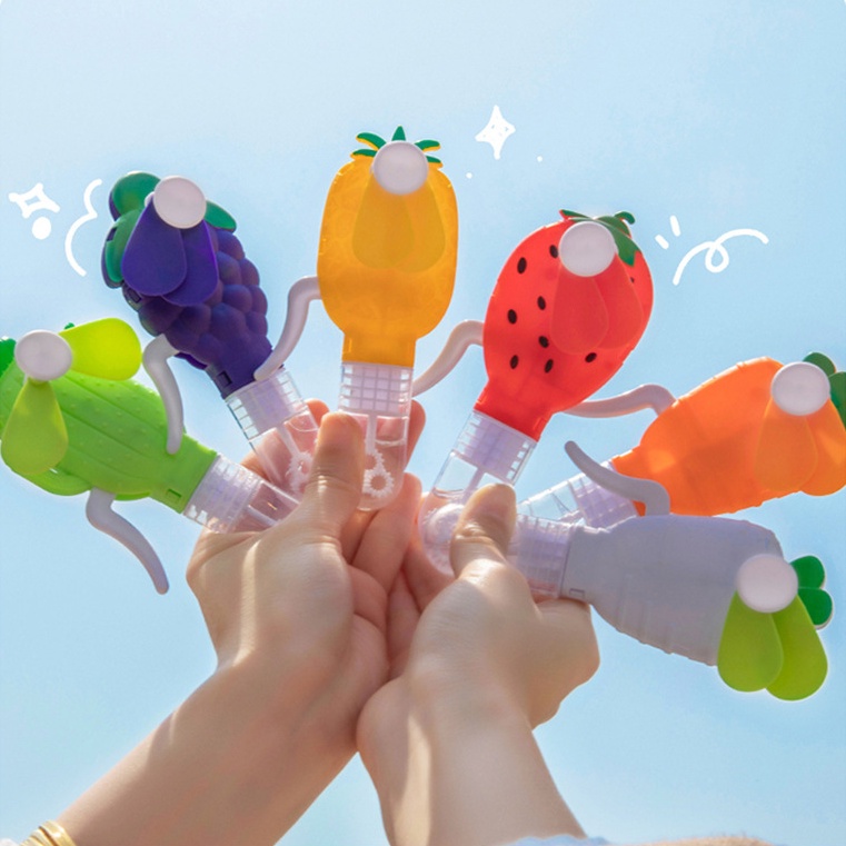 Quạt cầm tay mini 2 trong 1 hình trái cây hoạt hình đa năng thổi bong bóng xinh xắn