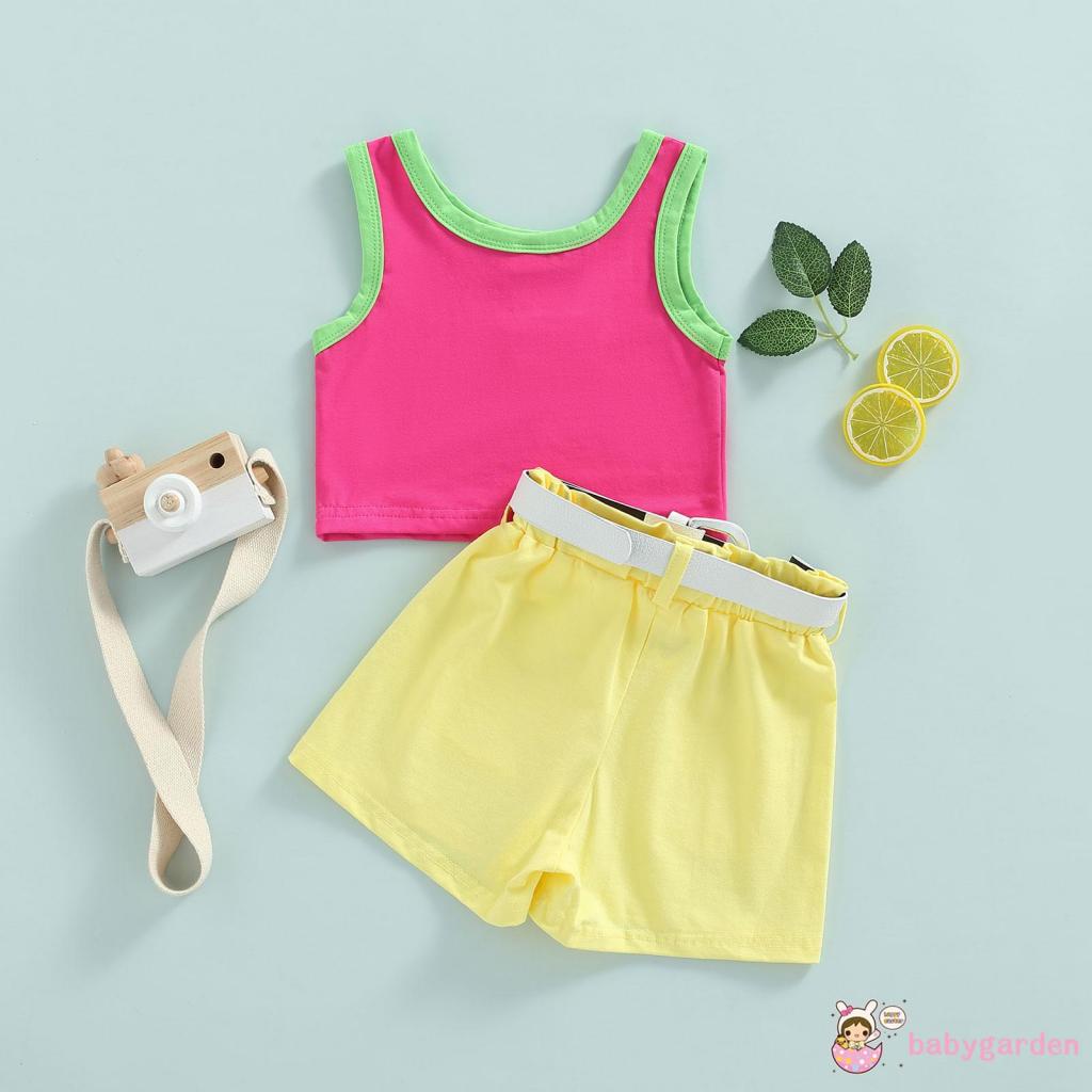 Bộ Áo Tank Top + Quần Short + Thắt Lưng In Chữ Thời Trang Mùa Hè Cho Bé Gái 1-6 Tuổi