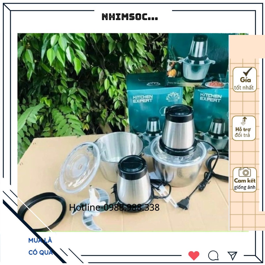 Máy say thịt cầm tay đa năng gia đình cối Inox 4 lưỡi đa năng,công suất 250W