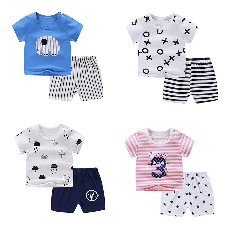 Set Đồ 2 Món Gồm Áo Thun Tay Ngắn In Họa Tiết Hoạt Hình + Quần Ngắn Cho Bé Trai Và Bé Gái