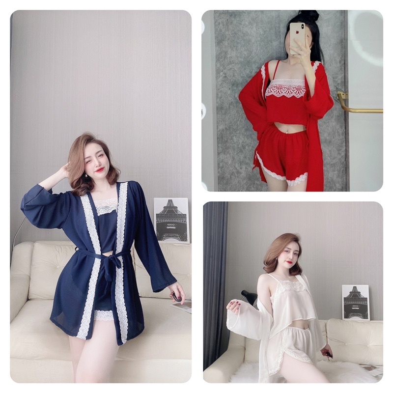 COMBO 4 món VÁY NGỦ SEXY NỮ, set đầm ngủ sexy nữ voan cát, chất liệu mềm mại, phối ren, freesize từ 40_58kg