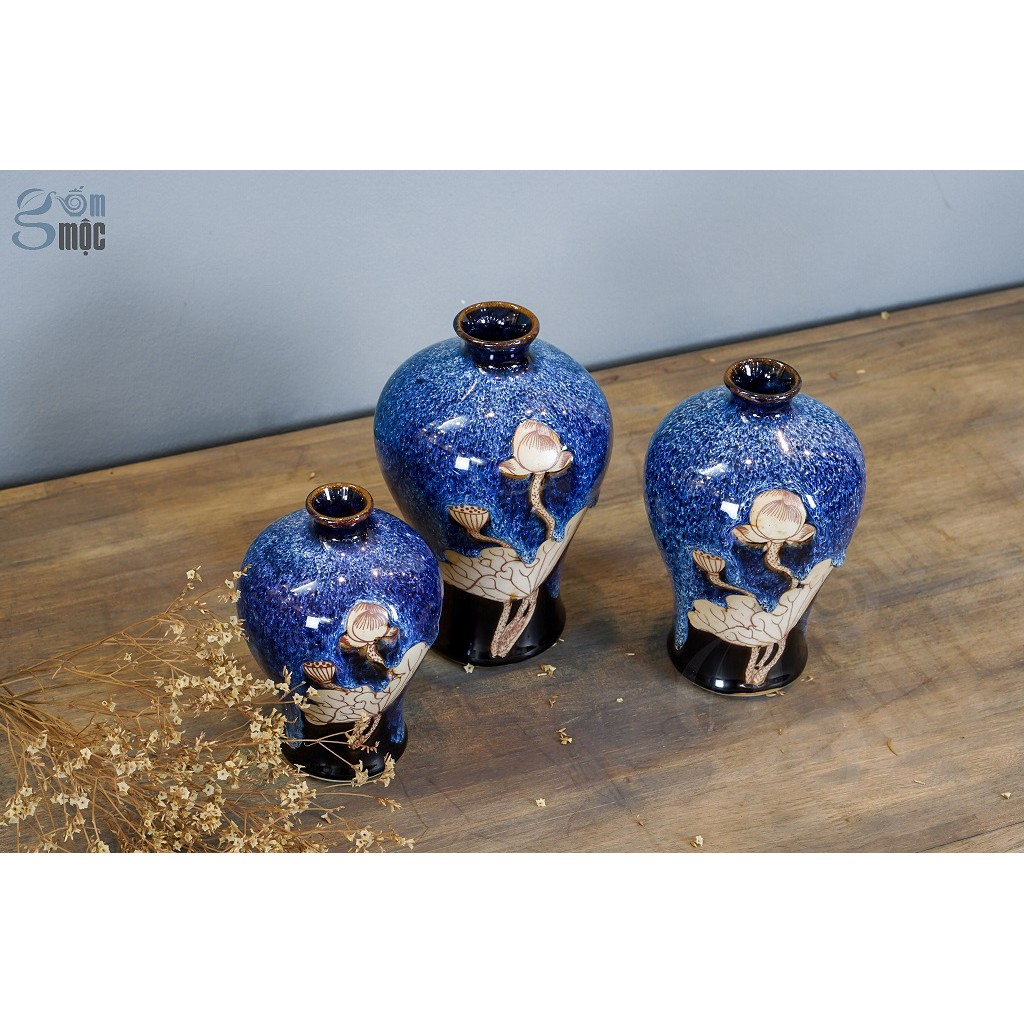 Bình hoa men hỏa biến xanh đá khắc sen nâu, dáng đùi dế, gốm sứ Bát Tràng cao cấp