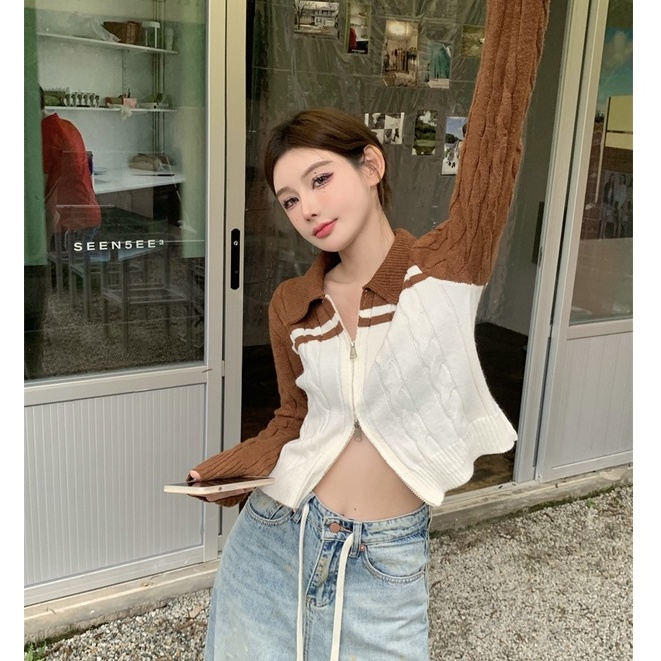 QKOOLE  Áo Croptop Dệt Kim Tay Dài Phối Khoá Kéo Phong Cách Hàn Quốc