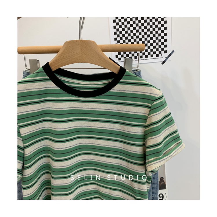 Áo Thun Tay Ngắn Cổ Tròn Họa Tiết Kẻ Sọc Phong Cách Hàn Quốc Thời Trang Cho Nữ