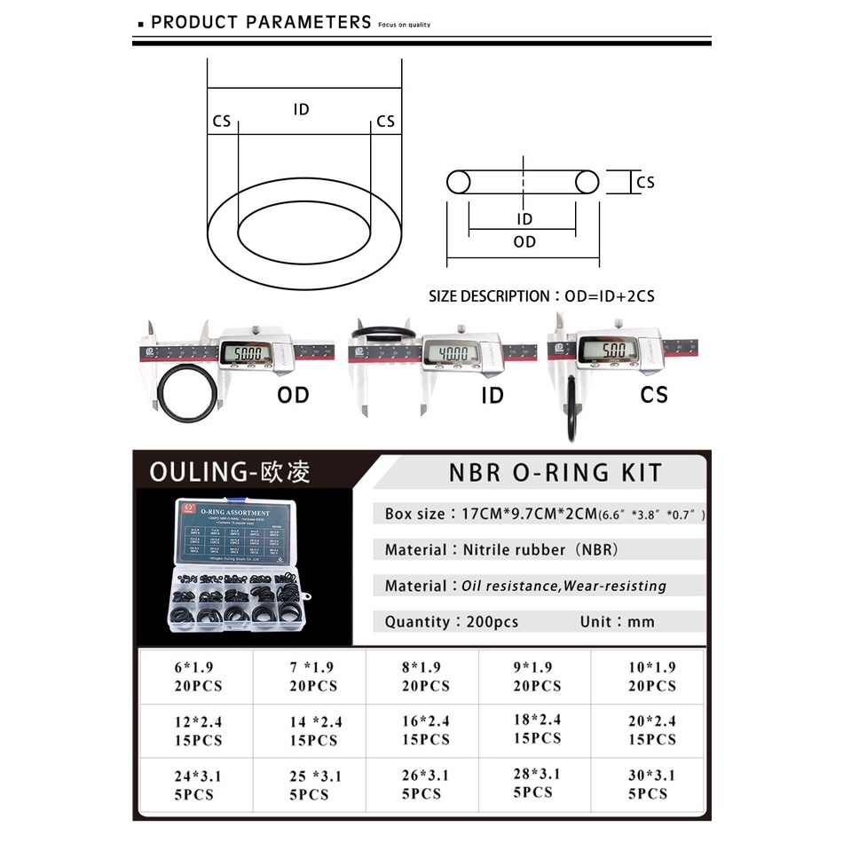 Set 200 Vòng Đệm Cao Su NBR 15 Kích Cỡ Màu Đen