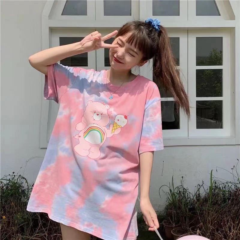 ins tie-dyed bear new western style short-sleeved t-shirt women loose Korean version of the trendy net red Harajuku strange blouse body fabric