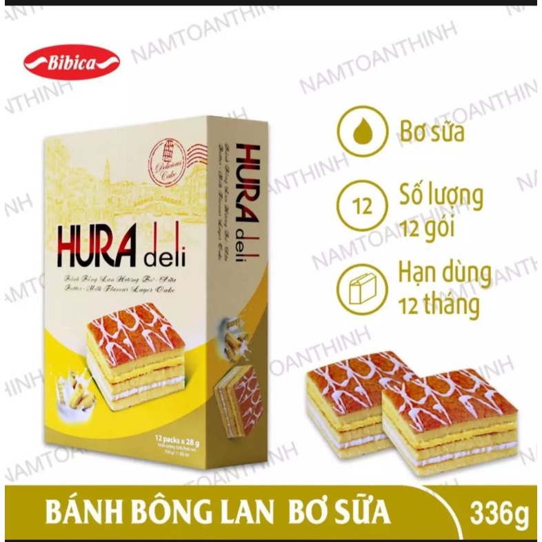 Bánh bông lan Hura Deli 336gr hương Sữa Dâu, Bơ Sữa, So Dừa, Cốm Dừa