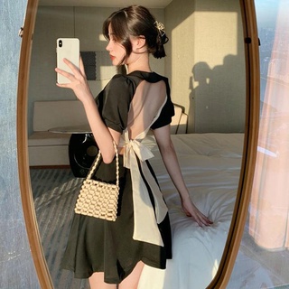 Đầm hở lưng cổ vuông thiết kế buộc nơ phong cách Pháp công chúa retro thời trang mùa hè cho nữ