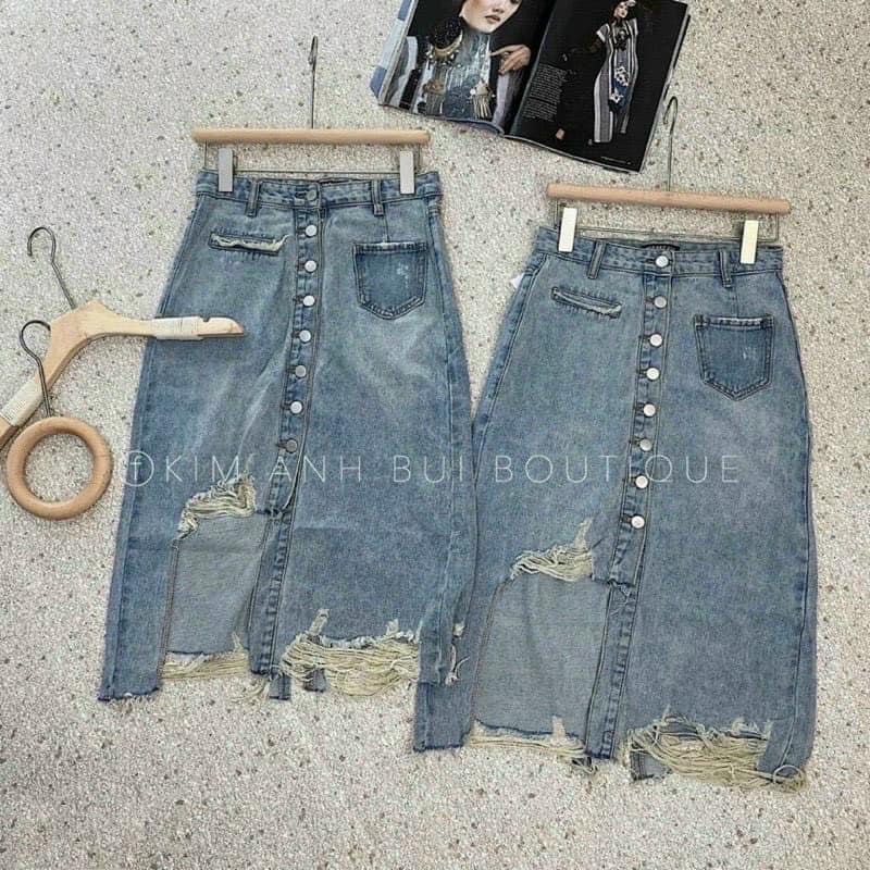 Chân váy bò dài rách cúc dọc siêu đẹp | BigBuy360 - bigbuy360.vn