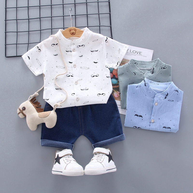 Set áo sơ mi cotton có cổ màu trơn kèm quần short hai món thời trang cho bé trai