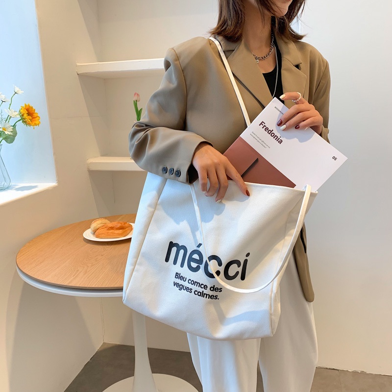 Túi Xách Canvas Sức Chứa Lớn In Chữ Đơn Giản Thời Trang Cho Nữ