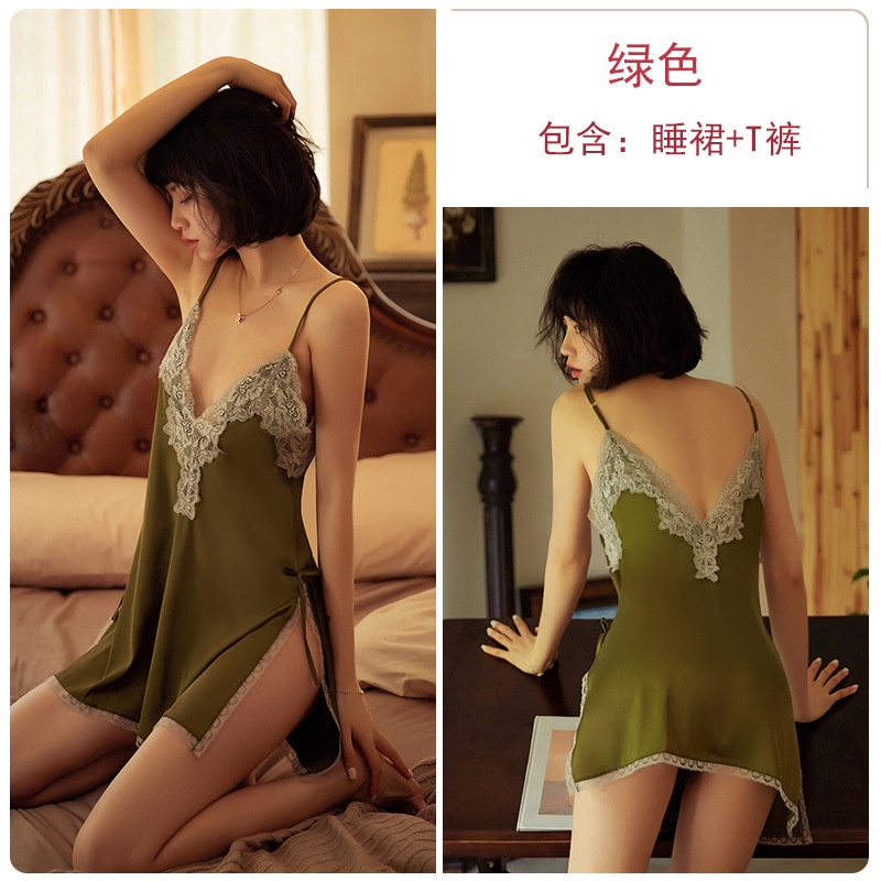 Đầm ngủ hai dây mảnh cổ chữ V xẻ sâu phối ren cắt xẻ tà và quần lót lọt khe thời trang xuân hè quyến rũ dành cho nữ