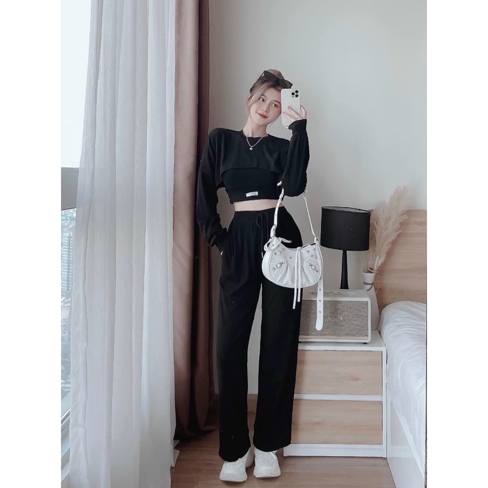 Sét đồ bộ nữ 3 món thiết kế tay dài quần ống rộng áo croptop trẻ trung năng động
