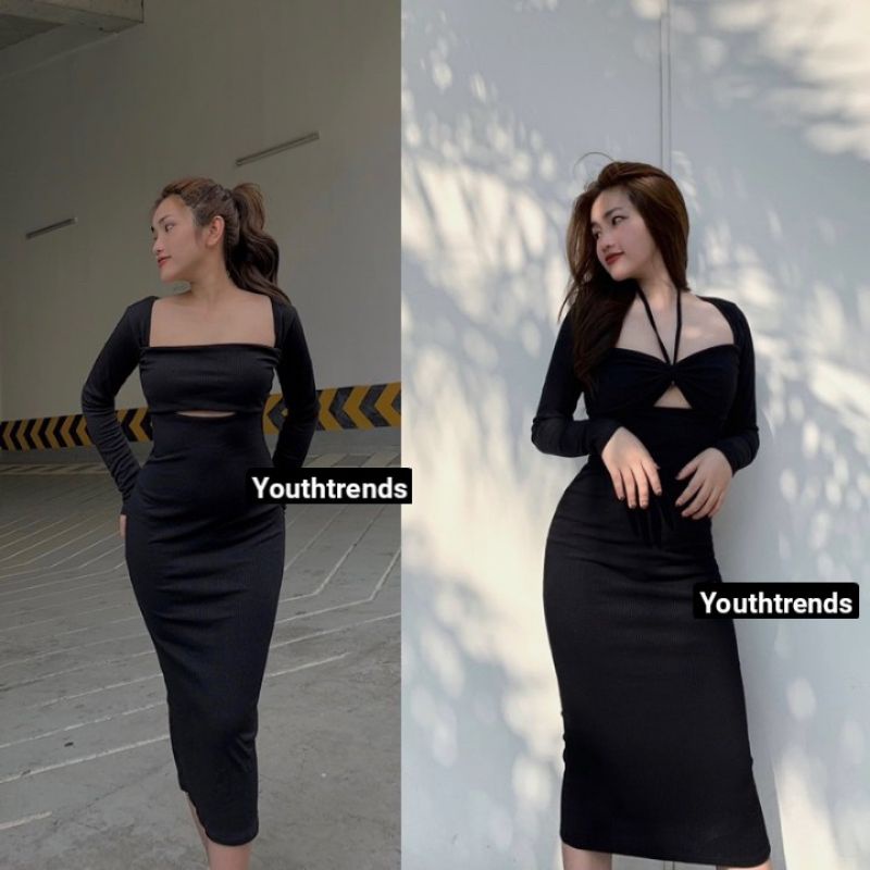 Đầm body tay dài khoét ngực dây đeo cổ( có mút ngực)B.C