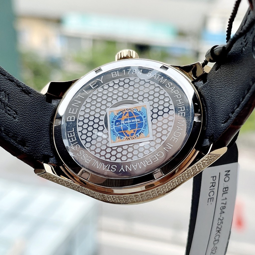 Đồng hồ nam dây da Bentley BL1784 BL1784-252 vỏ vàng mặt kính chống xước full đính đá [Chính Hãng]
