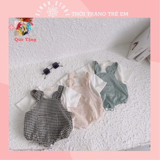 Bodysuit Cho Bé Gái 4-12kg, Sét Yếm Kẻ Caro Kèm Áo Dễ Thương Cho Trẻ Em