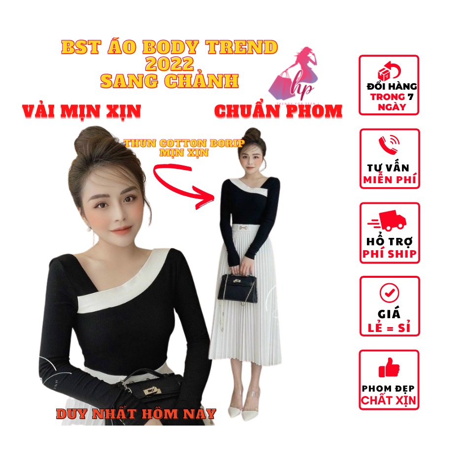 Áo phông nữ đẹp dáng ôm body cổ chữ xéo tay dài màu trắng đen phong cách hàn quốc cực dễ thương thời trang 2021