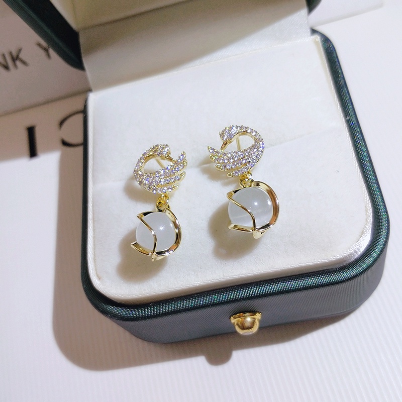 [Jiudolan] Bông Tai Mặt Thiên Nga Đính Đá Opal Giả Thanh Lịch Cho Nữ