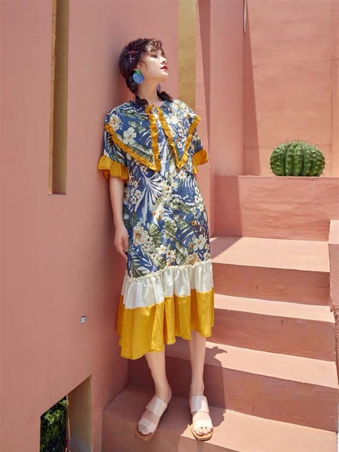 Váy đầm boho hoa thổ cẩm đuôi cá phối bèo tiểu thư Pháp retro vintage