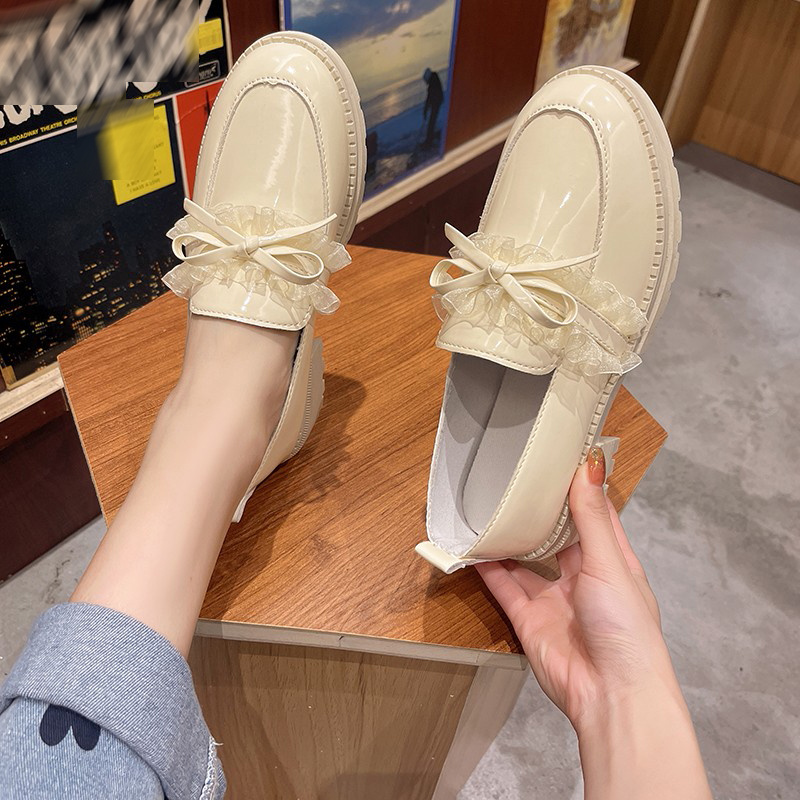 Oxfords Nữ Giày Bệt Có Nơ, Giày Búp Bê Lười Phong Cách Anh Quốc (Da Bằng Sáng Chế)