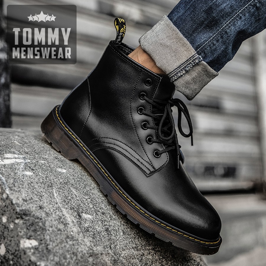 Giày Boot Nam Da Bò - TẶNG TẤT - Giày Đốc Nam Cao Cấp Cổ Lửng Men Lỳ Nam Tính GNK14