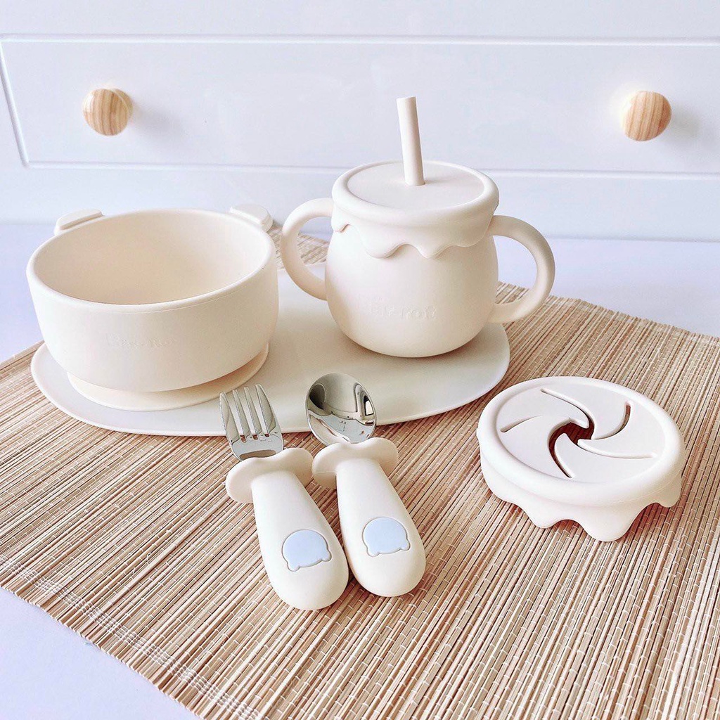 Set thìa dĩa hình gấu Silicon Bar-Rot SPOON &amp; FORK SET chính hãng Hàn Quốc | Bộ thìa Dĩa cho bé tập ăn dặm