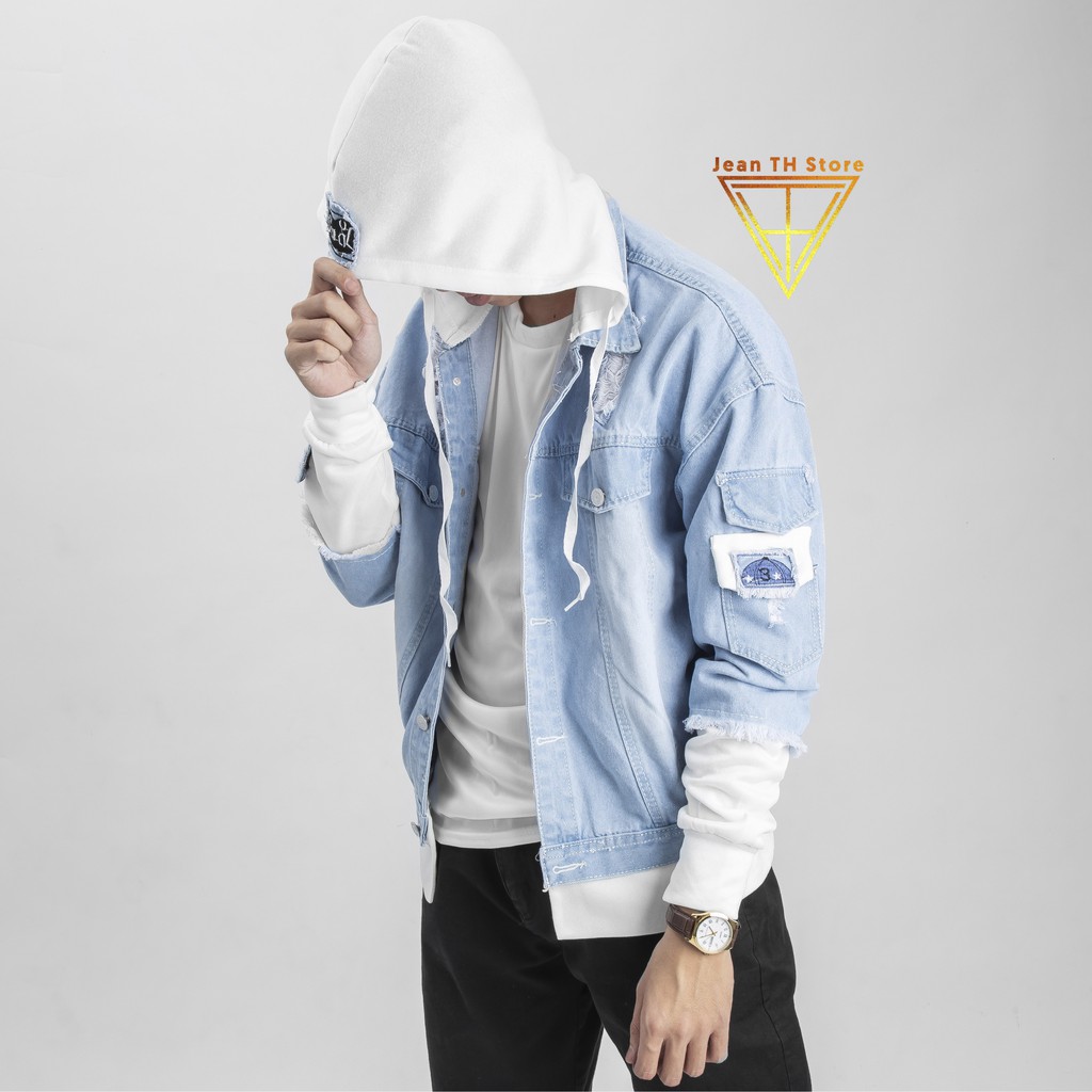 Áo khoác jean xanh phối nón nỉ trắng cao cấp, áo khoác bò phối mũ trẻ trung năng động | BigBuy360 - bigbuy360.vn