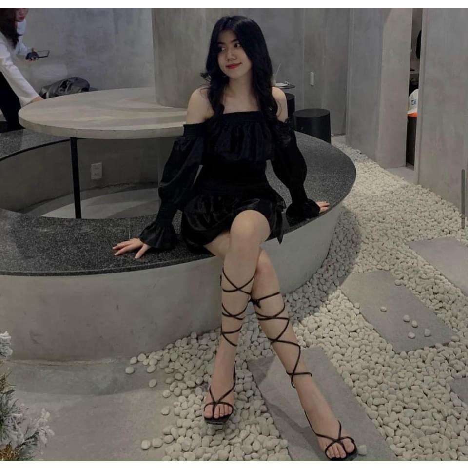 Dép sandal quai mảnh xỏ ngón da lì dây dài gót nhọn 7cm siêu hot