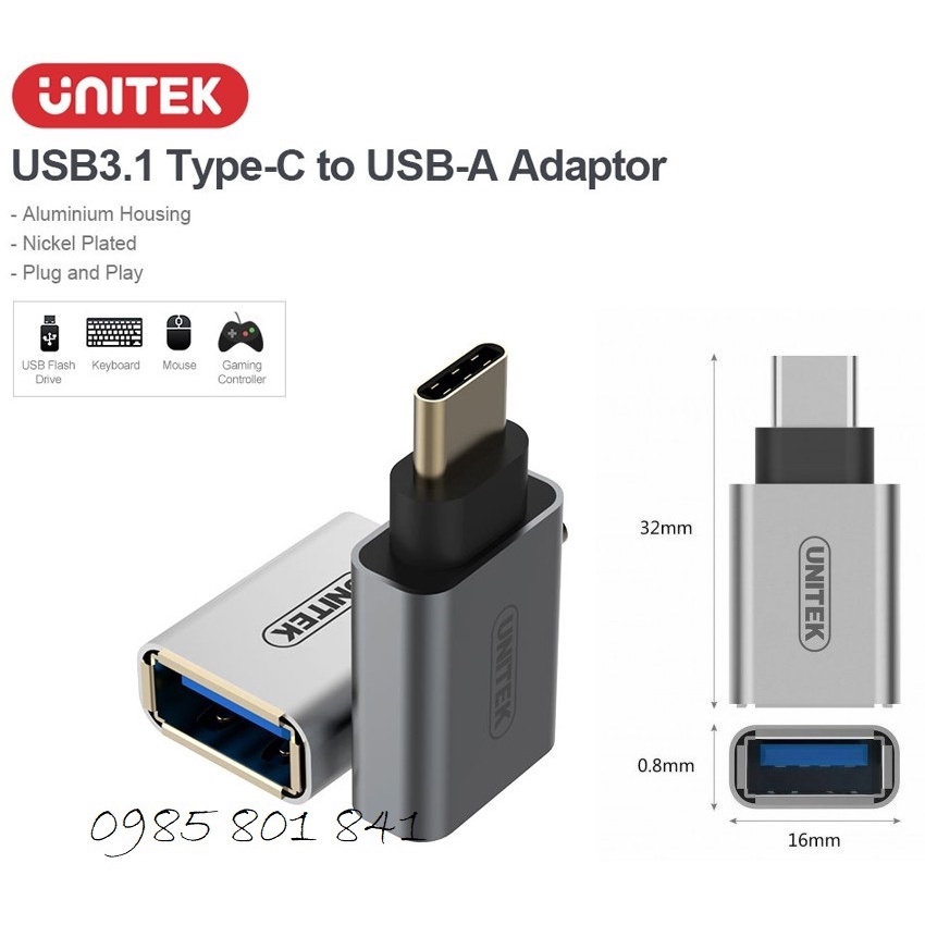 Đầu chuyển đổi USB 3.1 Type-C sang USB-A Unitek mã Y-A 025CGY. Hàng chính hãng