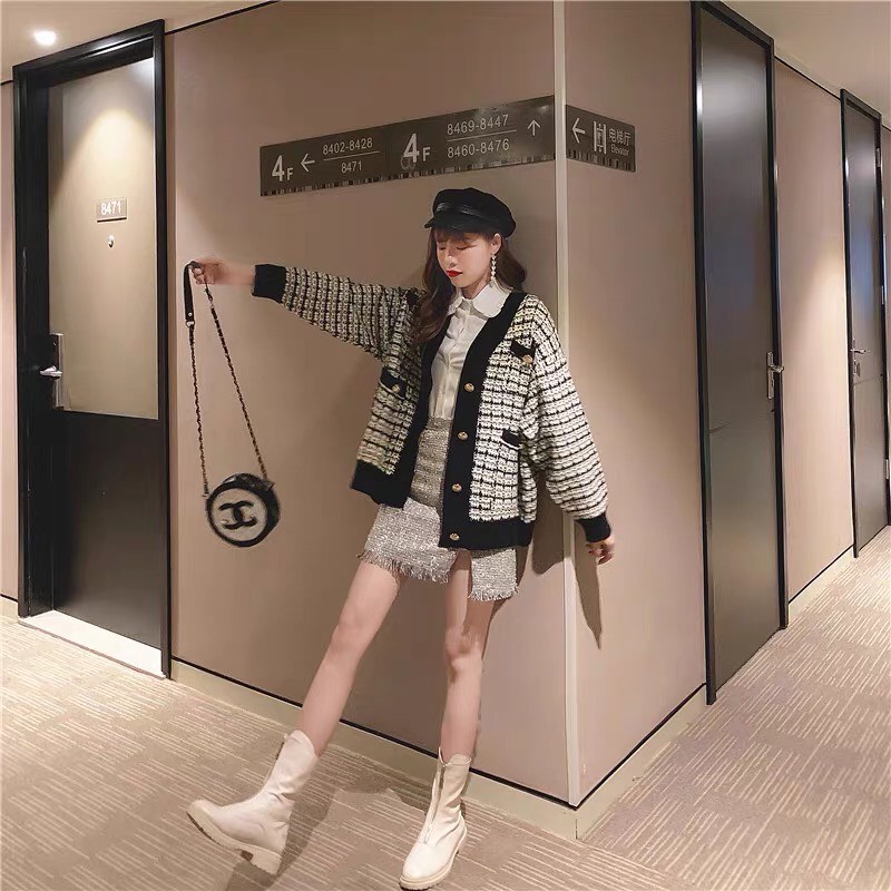 Áo cardigan ziczac gạo viền đen trắng Lucy Outfit thiết kế Áo len nhũ kẻ ô dáng rộng họa tiết Hàn Quốc | BigBuy360 - bigbuy360.vn
