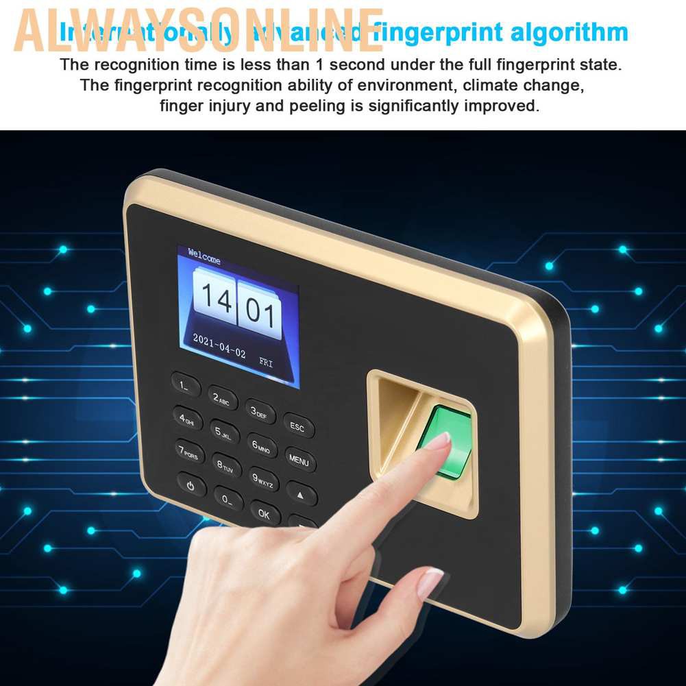 Alwaysonline 2.4in Attendance Machine Fingerprint Biometric TFT Colour Screens Software Free U Disk Download Time Clock 100‑240V