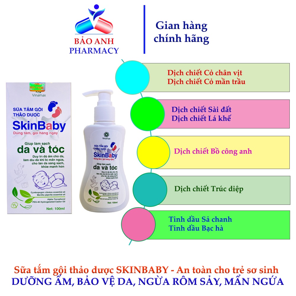 Nước tắm gội thảo dược An toàn cho bé SKINBABY – Ngừa rôm sảy, mẩn ngứa, làm sạch, bảo vệ, dưỡng ẩm da – Chai 100ml