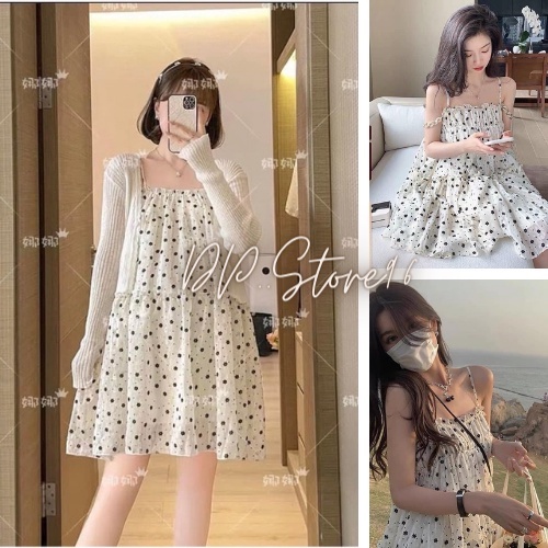 Đầm Hoa🌸Váy Hai dây chấm bi phối Váy ngủ babydoll form rộng xoè dài bánh bèo tiểu thư mặc đi Biển đi Chơi cá tính Ulzzan