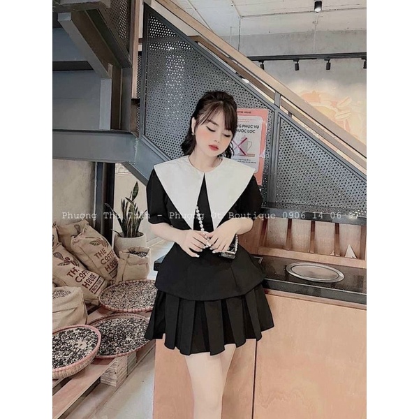 (SHOP BIGSIZE NỮ 50KG ĐẾN 90KG ) Set áo kiểu cổ nhọn mix chân váy xếp li to mặc đi chơi đi tiệc