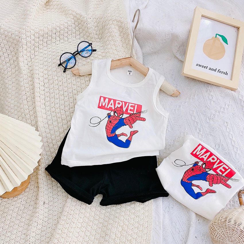 Bộ Quần Áo BA LỖ In Hình Người Nhện - Marvel Vải Coton Sang Chảnh Cho Bé Từ 7-19kg
