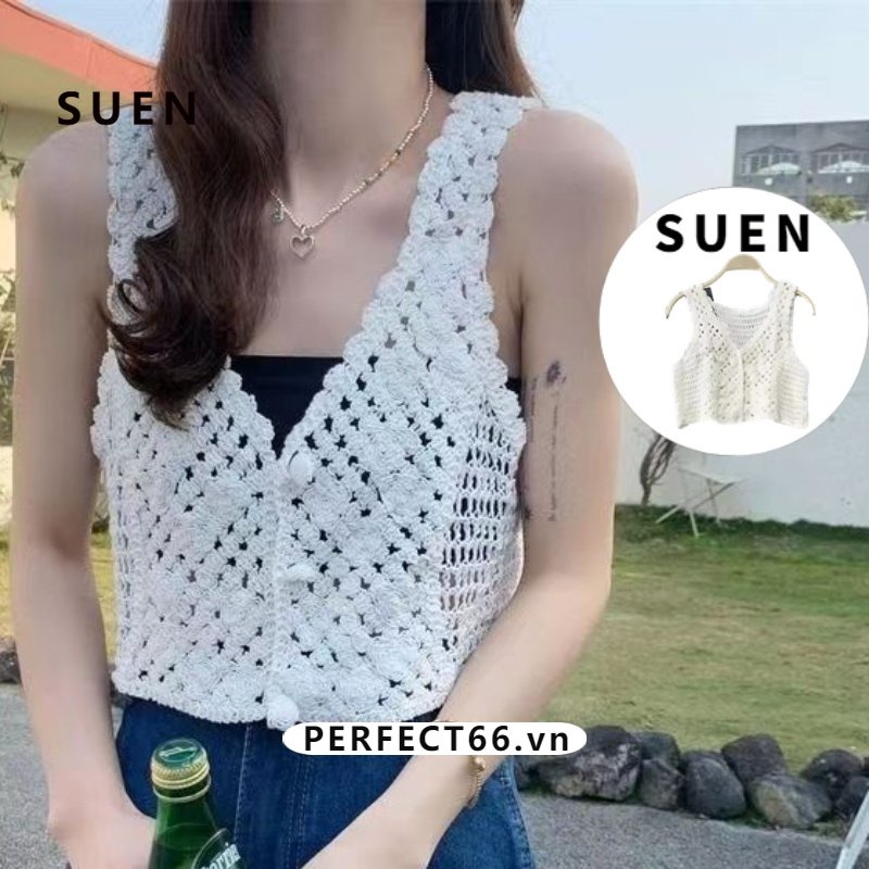 Suen Áo sweater Dệt Kim Cổ Chữ v Gợn Sóng Màu Trơn Đính Nút Hoa Kiểu Pháp Thời Trang Cho Nữ