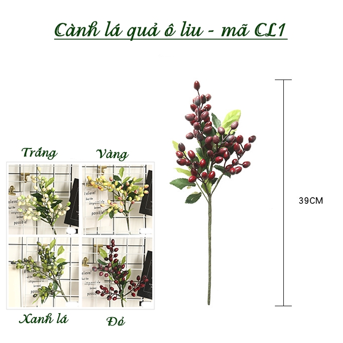 Cành lá điểm quả ô liu giống thật - cành cao 39cm - hoa giả hoa lụa- MÃ CL1