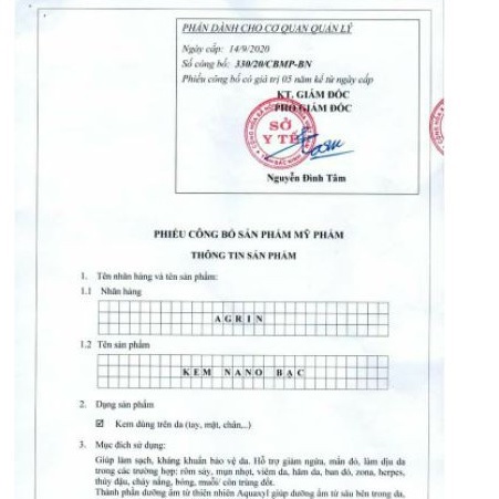 Kem em bé Nano Bạc Agrin _ Dưỡng ẩm,làm dịu vết rôm sảy, hăm tã,chàm sữa,vết muỗi,côn trùng cắn _ tuýp 25g