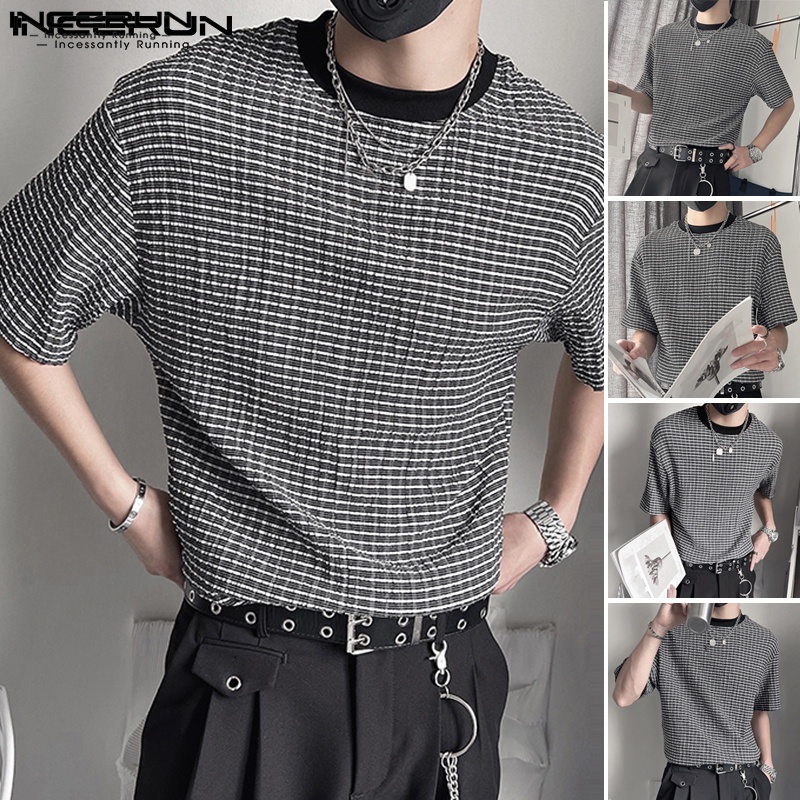 Áo thun INCERUN tay ngắn cổ tròn kẻ sọc caro dáng rộng đơn giản