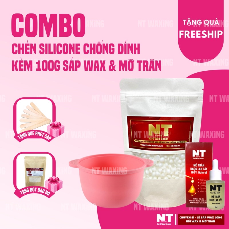 Combo triệt lông tiết kiệm CHÉN SILICONE CHỐNG DÍNH kèm sáp wax lông & mỡ trăn triệt lông tay, chân, nách, bikini, râu,…
