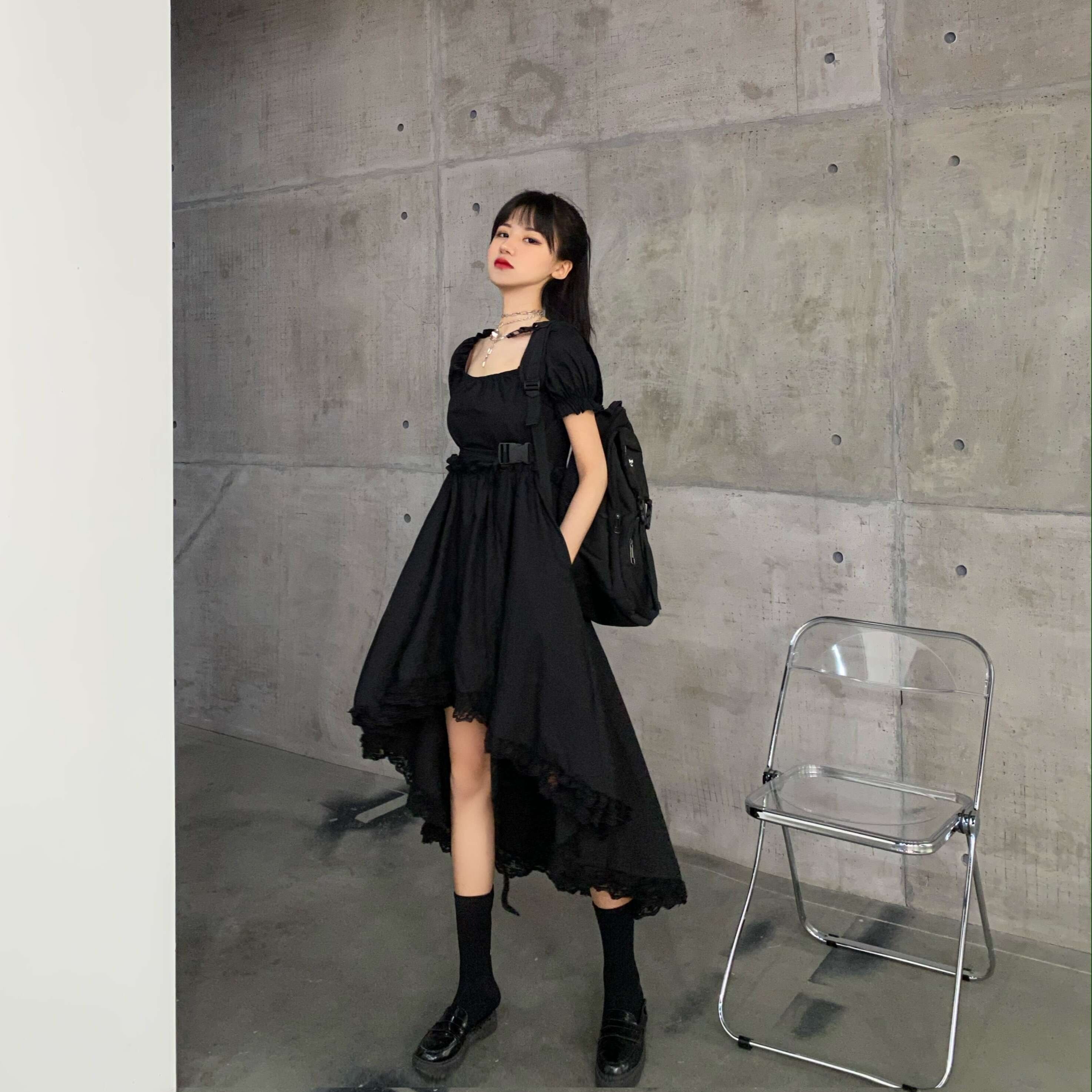 đầm tay phồng cổ vuông nữ tay ngắn cổ bẻ phong cách Hàn Quốc xinh xắn 2020